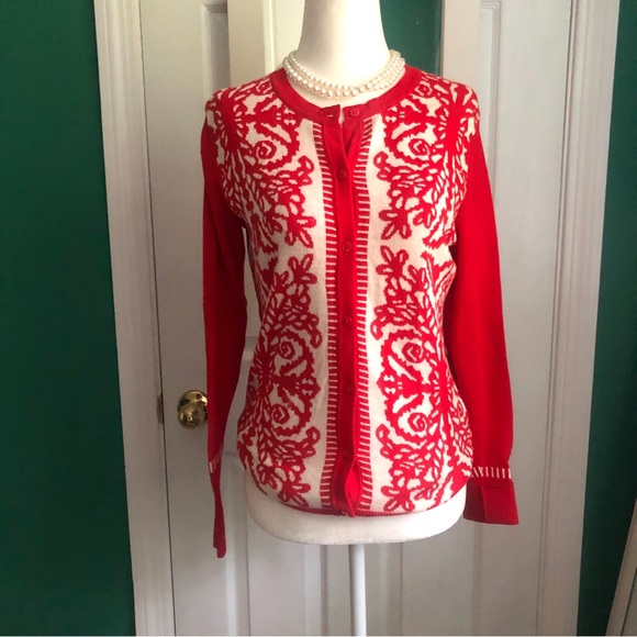 Red and cream scroll design cardigan small - Picture 6 of 6